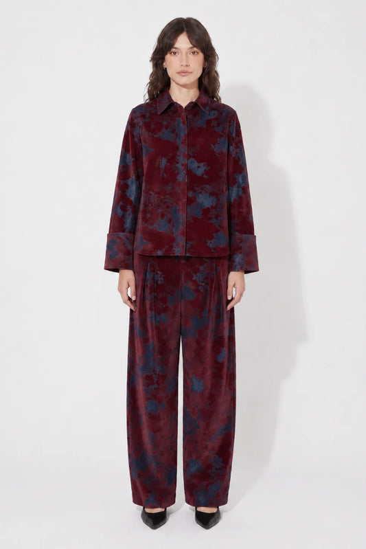 Front view of the STEF SERIES Coby long-sleeve shirt in bordeaux velvet denim.