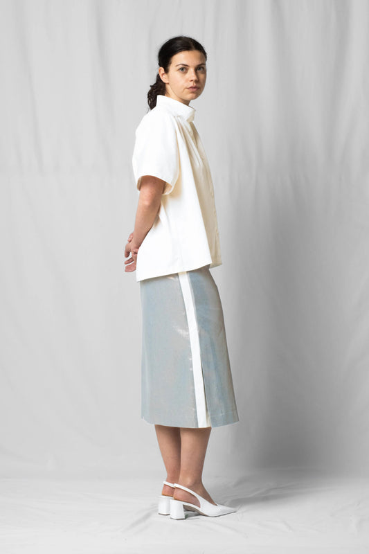 Knee-length midi Asil skirt shiny denim with Slits at the side from the SS26 collection by STEF SERIES