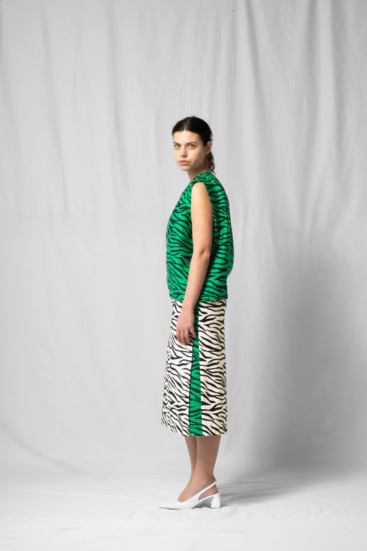 Knee-length midi Asil skirt white zebra with Slits at the side from the SS26 collection by STEF SERIES