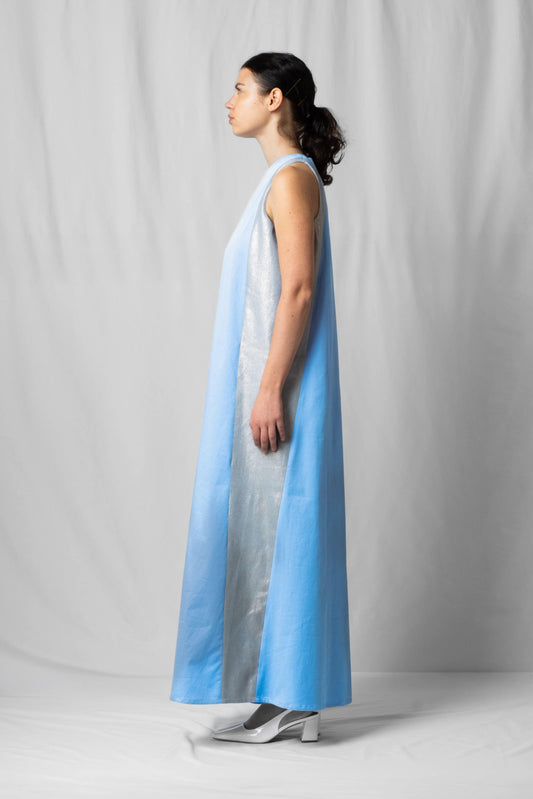 long, wide ciel blue halter dress with a two-fabric detail and button fastening at the back from the SS26 collection by STEF SERIES