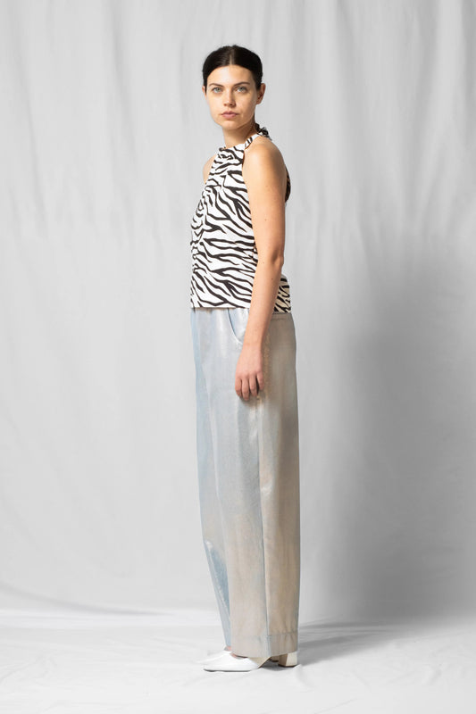 Shiny denim balloon shaped bash trousers with elastic from the SS26 collection by STEF SERIES