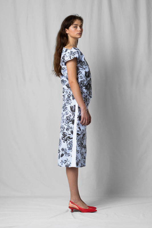 black flowers Asymmetric off-shoulder top bea with pleated detailing from the SS26 collection by STEF SERIES