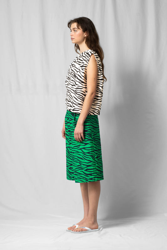 White zebra Asymmetric off-shoulder top bea with pleated detailing from the SS26 collection by STEF SERIES