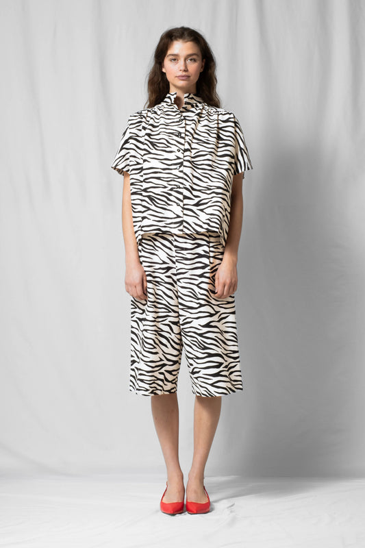 White zebra Short-sleeve bowie shirt with button fastening and gathered detailing from the SS26 collection by STEF SERIES