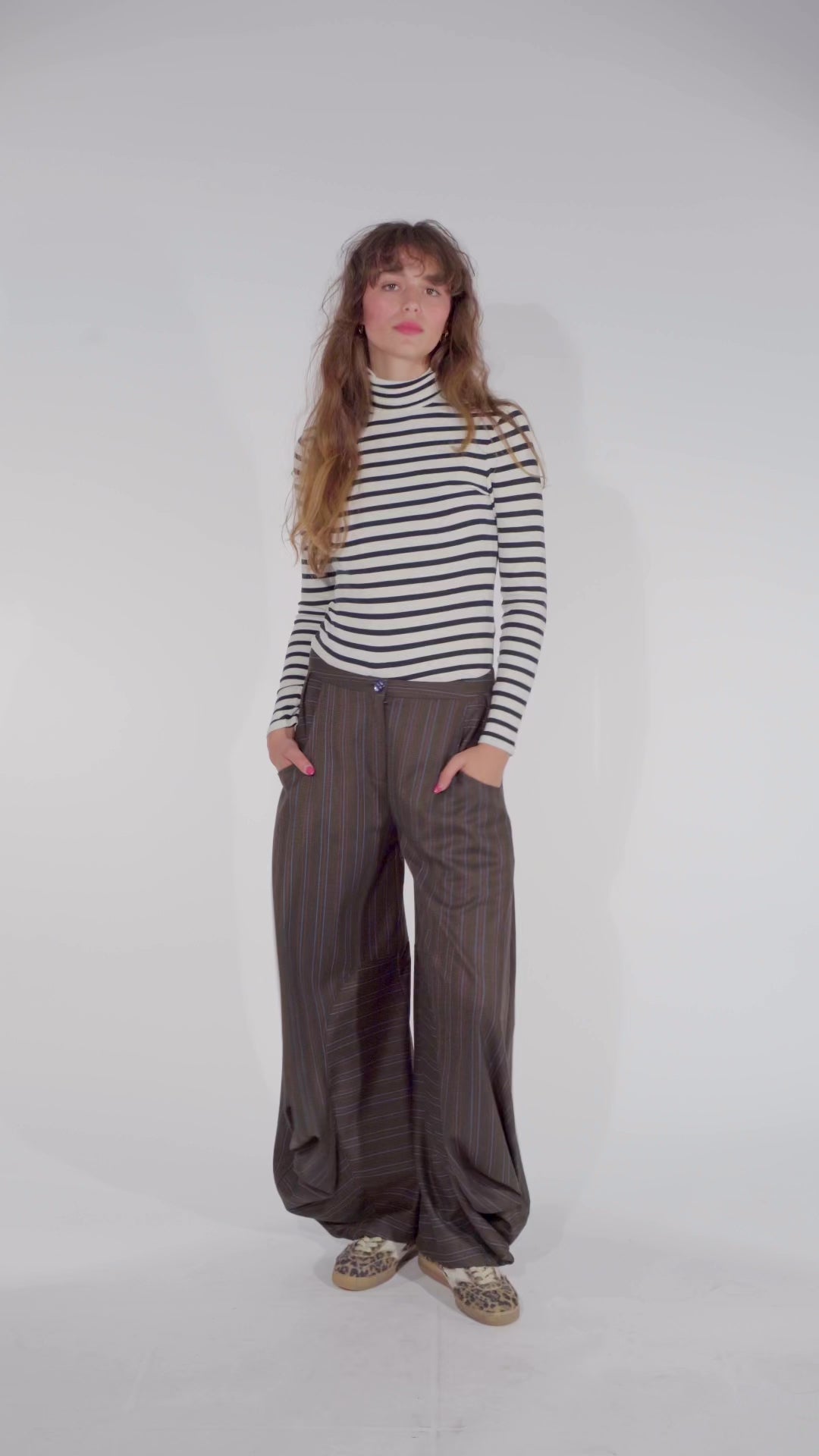 Brown wide leg striped balloon pants Alex from the STEF SERIES Limited Autumn Winter Collection 2025.