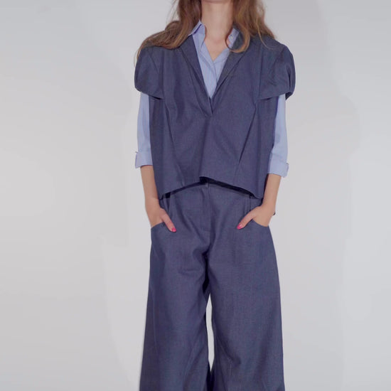 Denim wide leg draped pants Alex in indigo denim from the STEF SERIES Limited Autumn Winter Collection 2025.