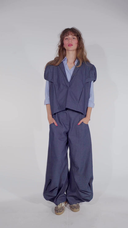 Denim wide leg draped pants Alex in indigo denim from the STEF SERIES Limited Autumn Winter Collection 2025.