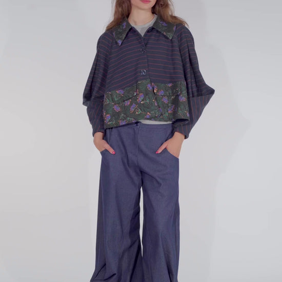 Video of Model showing womens statement jacket Abel nightblue, AW25 collection by STEF SERIES.