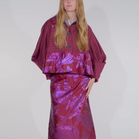 Abel boxy short jacket in bordeaux with florals, AW25 collection by STEF SERIES. 