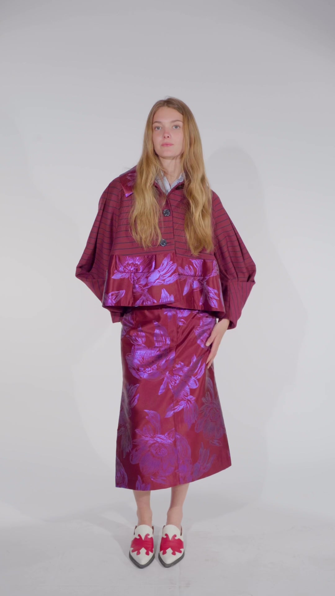 Abel boxy short jacket in bordeaux with florals, AW25 collection by STEF SERIES. 