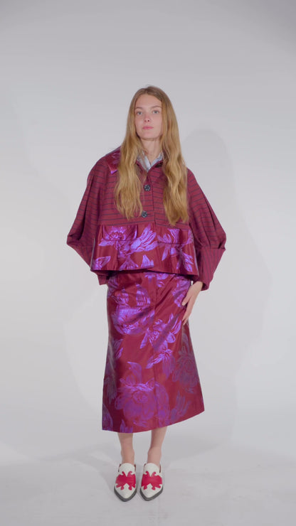 Abel boxy short jacket in bordeaux with florals, AW25 collection by STEF SERIES. 