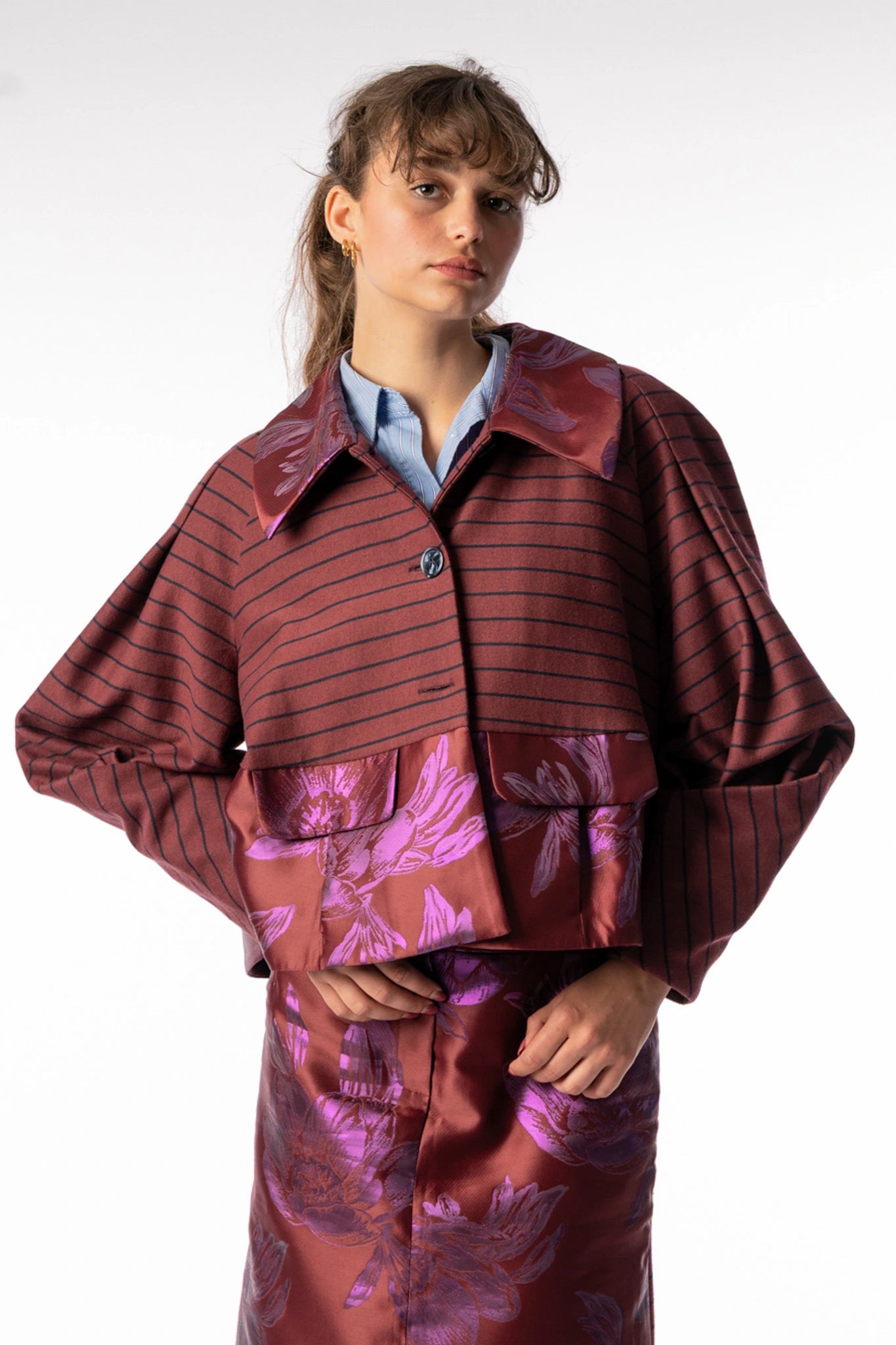 Abel boxy short jacket in bordeaux with florals, AW25 collection by STEF SERIES, shown from front.