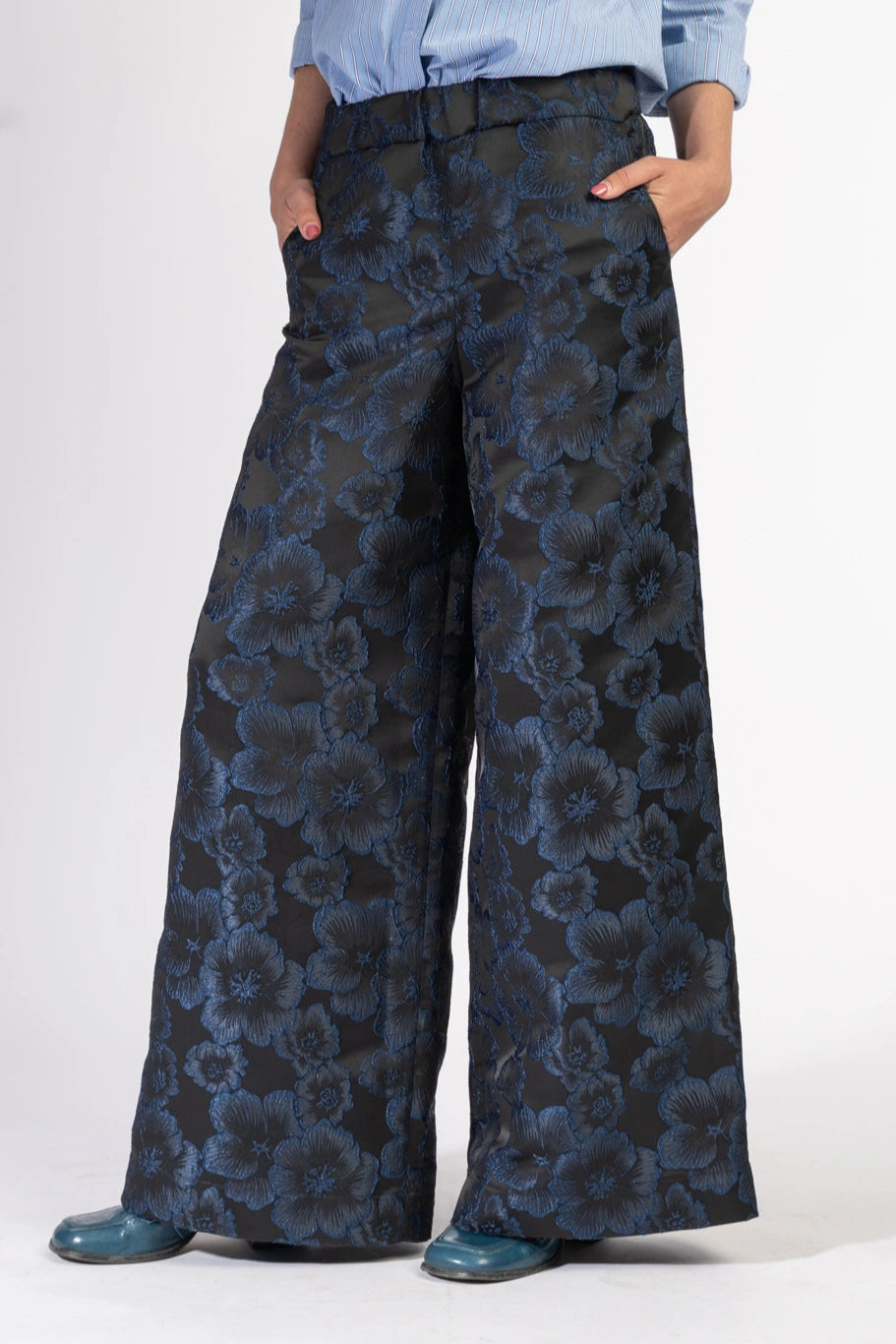 Floral trousers women Ash in black and blue from STEF SERIES AW25, front detail shown from side.