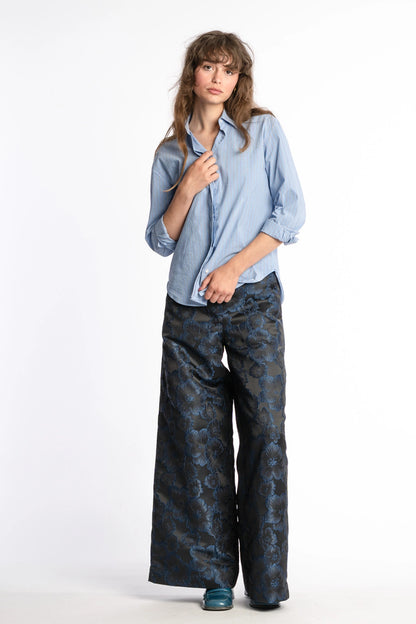 Floral trousers women Ash in black and blue from STEF SERIES AW25, shown from front.
