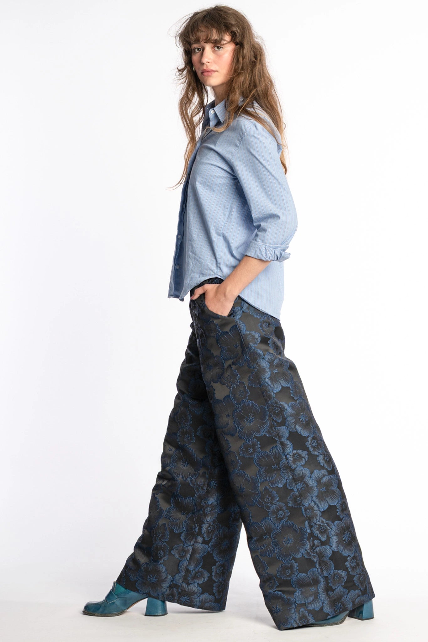Floral trousers women Ash in black and blue from STEF SERIES AW25, shown from side.