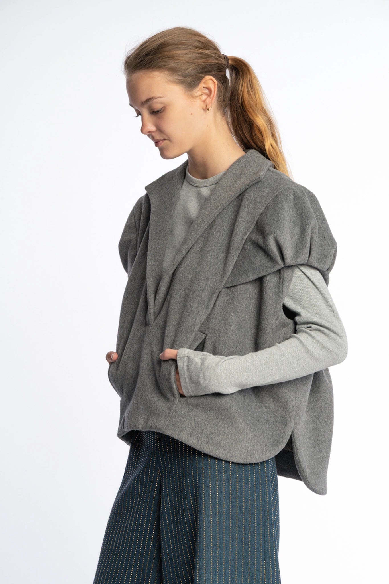 Grey wool vest top women Aiko from STEF SERIES AW25, front shown from side.