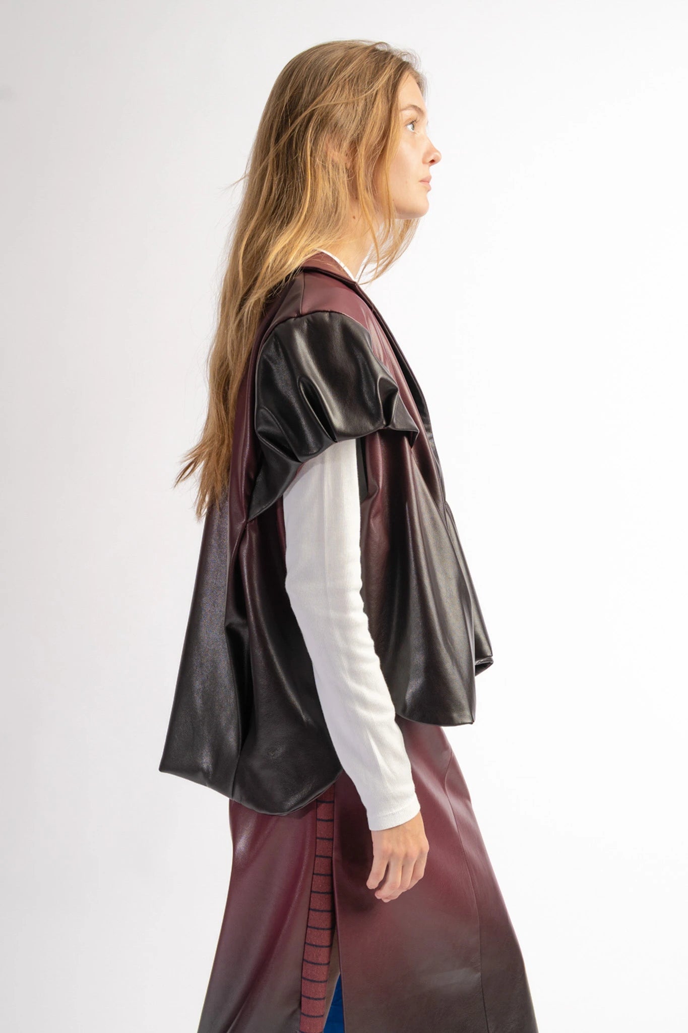 Sculptural vegan Aiko leather vest women in brown ombre shades from STEF SERIES AW25, show from side.