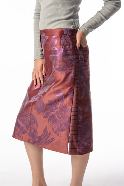 Floral midi skirt Asil in bordeaux from STEF SERIES AW25, front shown from side.
