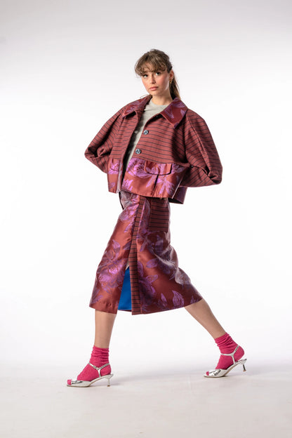 Floral midi skirt Asil in bordeaux from STEF SERIES AW25, shown from side.