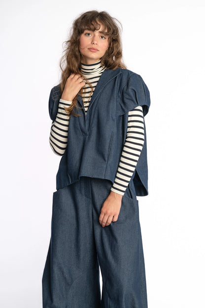Structured indigo denim vest top women Aiko and Alex pants from STEF SERIES AW25, shown from front.