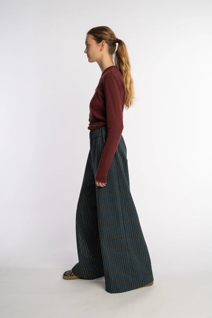 Dark denim pants Ash with gold studs from the STEF SERIES Autumn Winter Collection 2025, shown from left side.