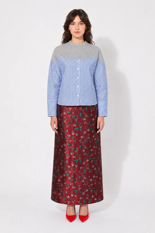 Front view of the STEF SERIES Cas maxi skirt in red floral print. 