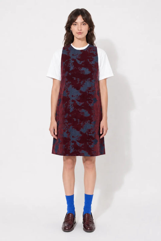 Front view of the STEF SERIES Cenny sleeveless mini dress in bordeaux velvet denim.