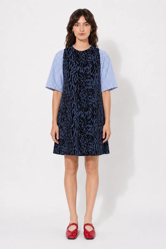 Front view of the STEF SERIES Cenny sleeveless mini dress in denim with velvet leopard print.