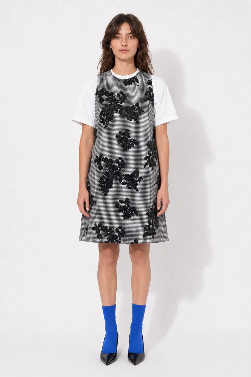Front view of the STEF SERIES Cenny sleeveless mini dress in pied-de-poule.