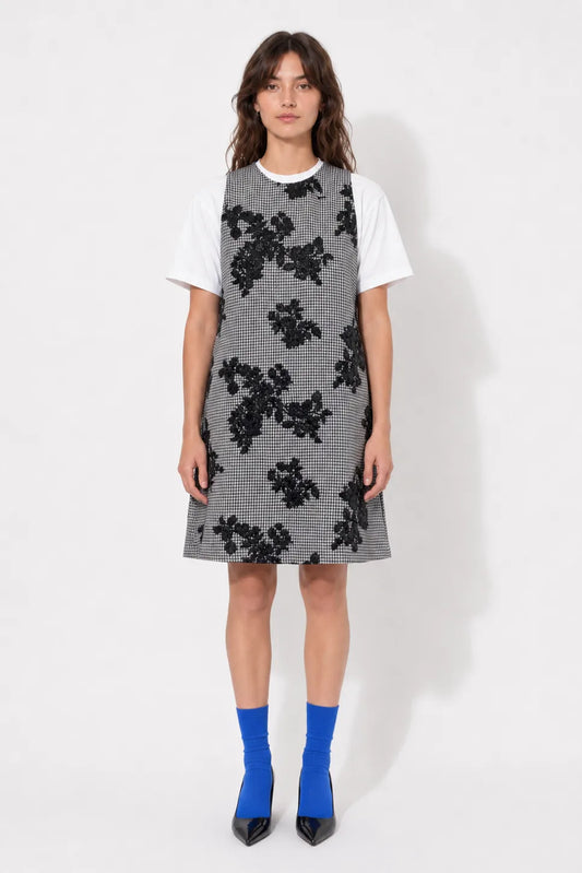 Front view of the STEF SERIES Cenny sleeveless mini dress in pied-de-poule.