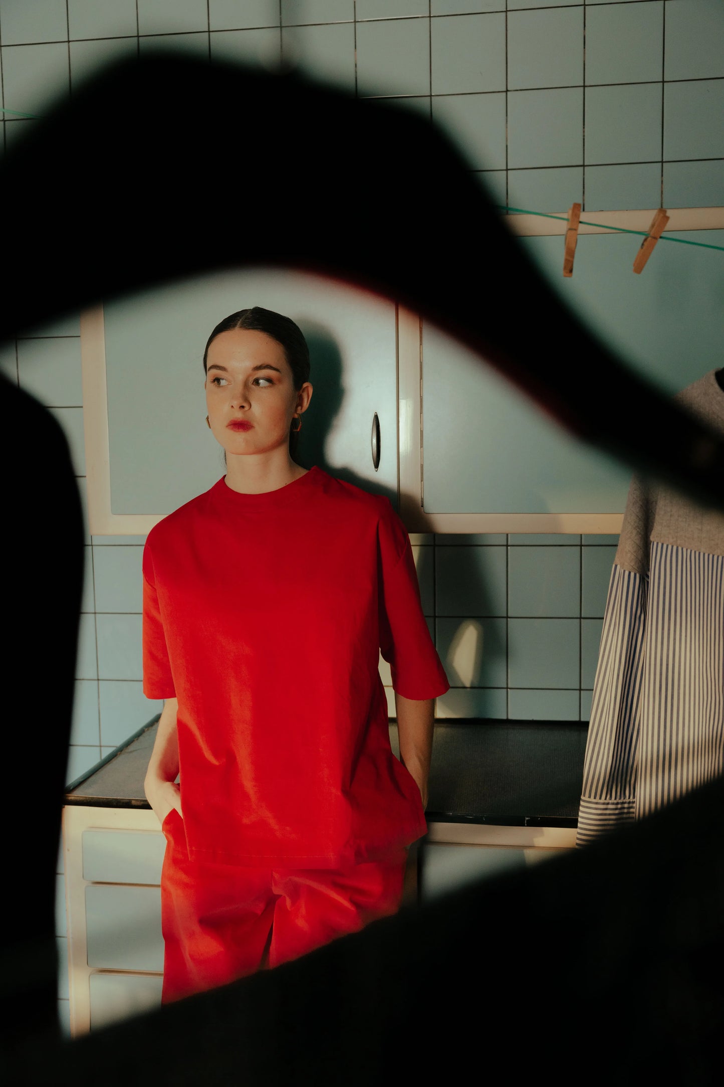 Model wearing the STEF SERIES Ciska boxy T-shirt crafted from red velvet