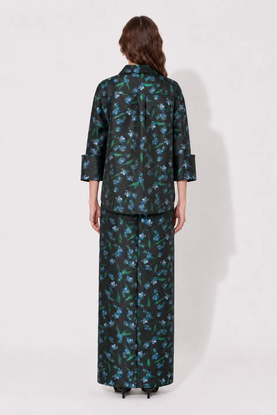 Back view of the STEF SERIES Coby long-sleeve shirt in a blue floral print.