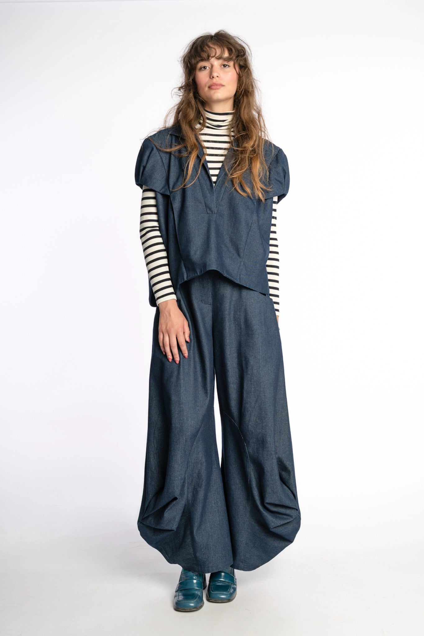 Denim wide leg draped pants Alex in indigo denim from the STEF SERIES Limited Autumn Winter Collection 2025, shown from front full.