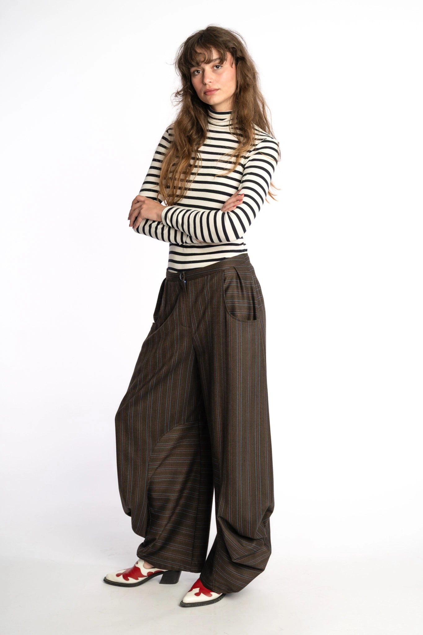 Brown wide leg striped balloon pants Alex from the STEF SERIES Limited Autumn Winter Collection 2025, front shown from side.