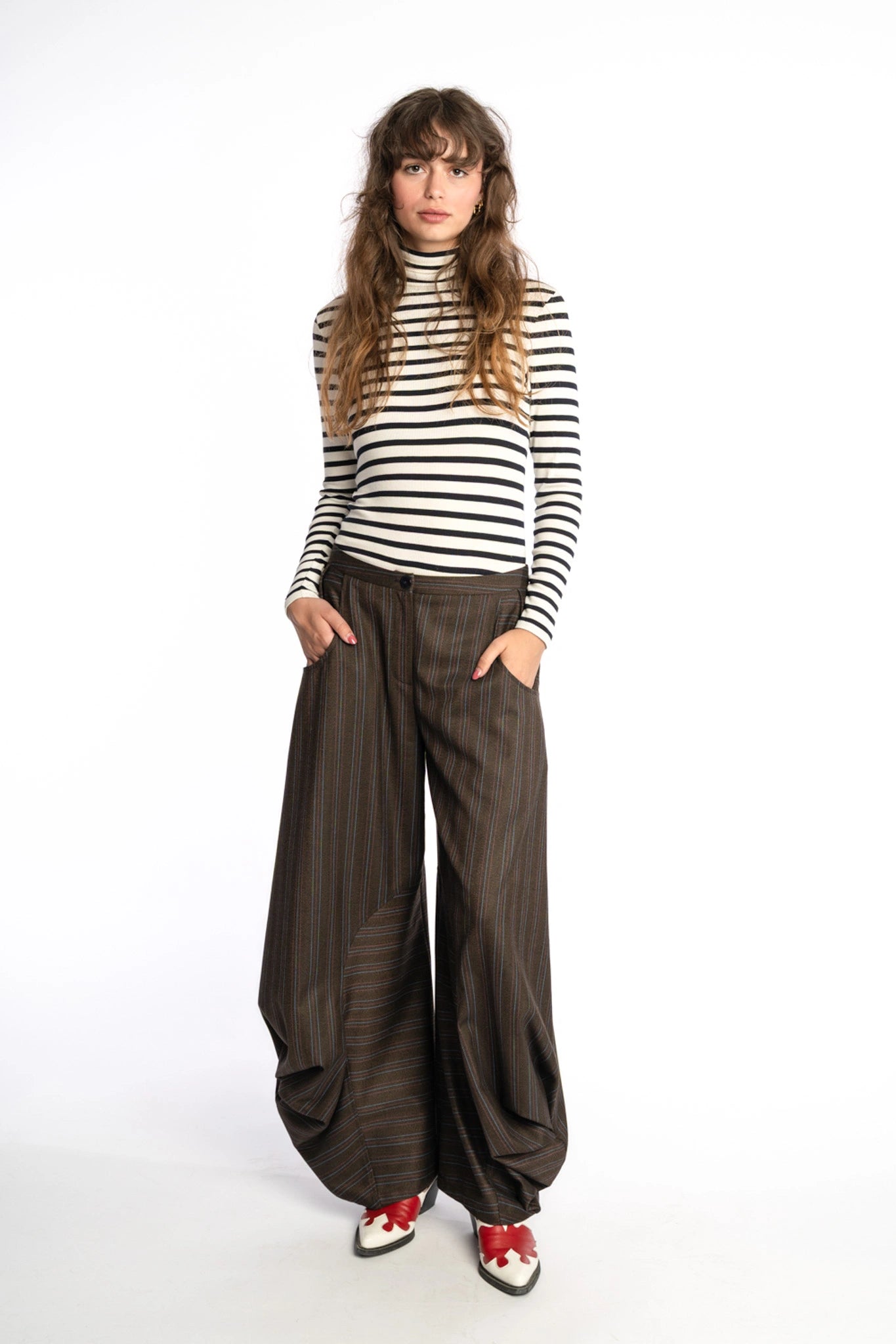 Brown wide leg striped balloon pants Alex from the STEF SERIES Limited Autumn Winter Collection 2025, shown from front.
