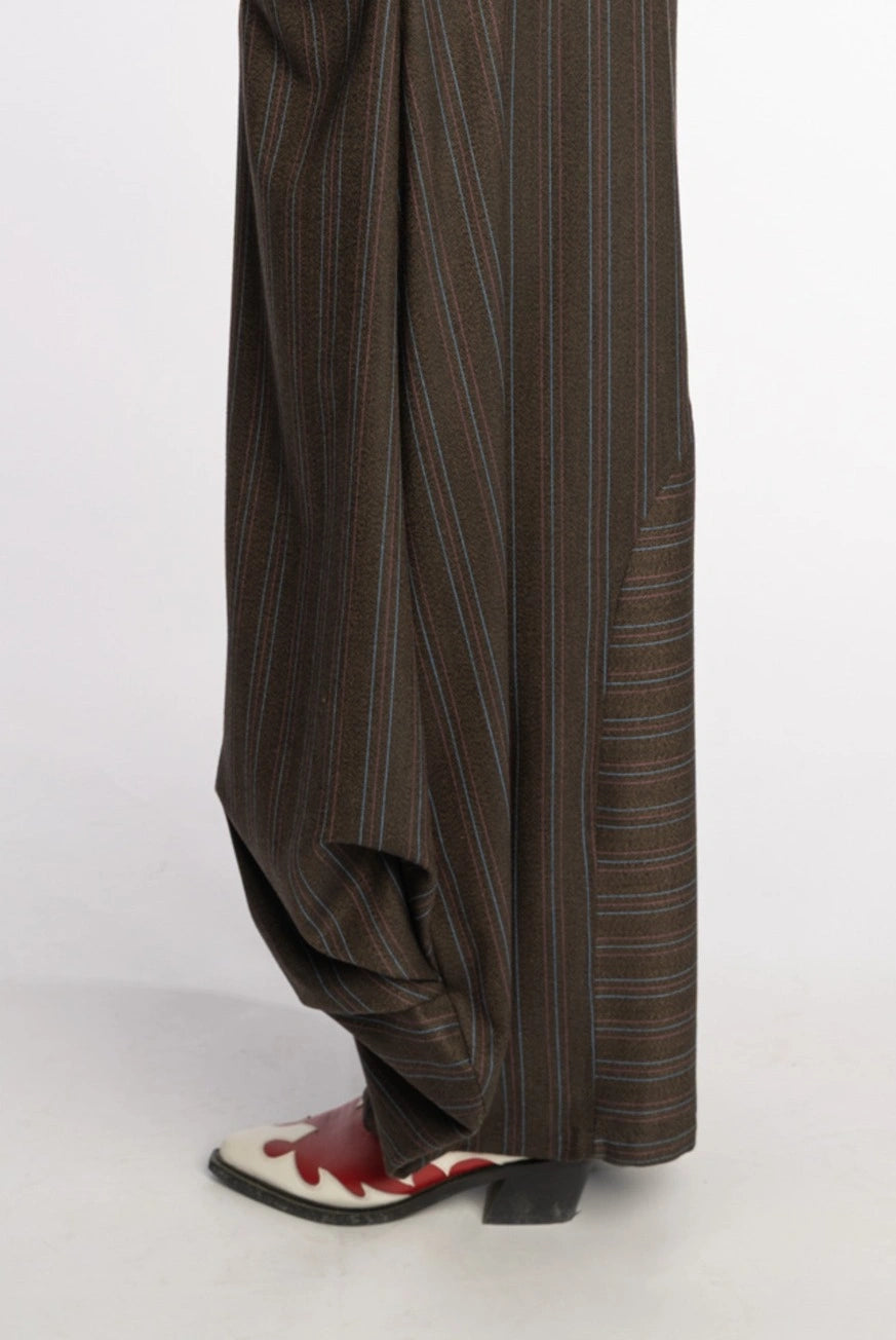 Brown wide leg striped balloon pants Alex from the STEF SERIES Limited Autumn Winter Collection 2025, shown from side.