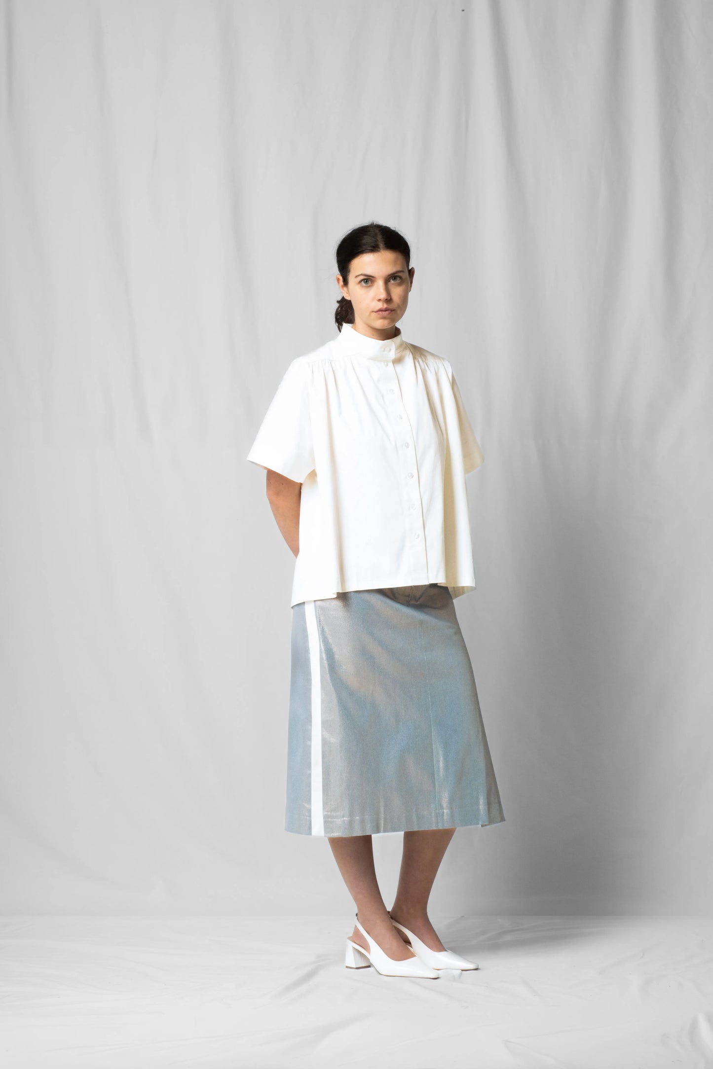 Knee-length midi Asil skirt shiny denim with Slits at the side from the SS26 collection by STEF SERIES