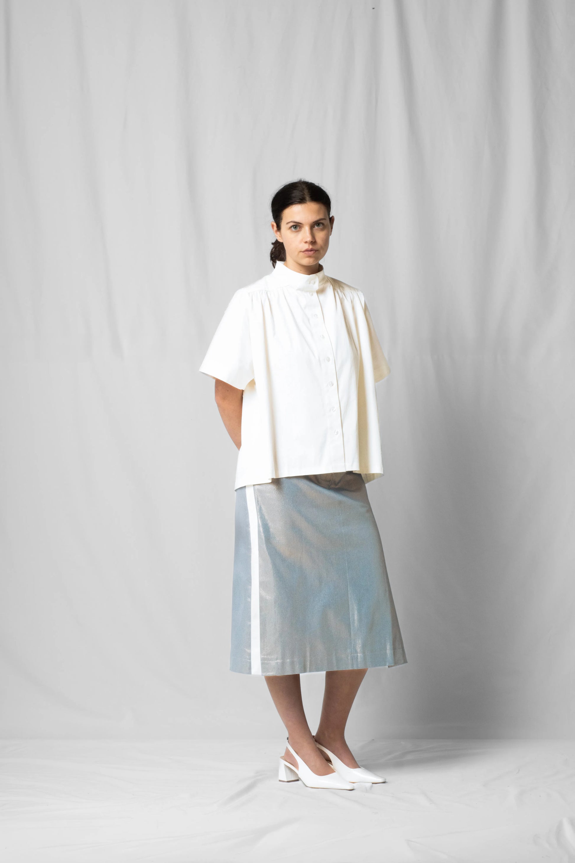 Knee-length midi Asil skirt shiny denim with Slits at the side from the SS26 collection by STEF SERIES