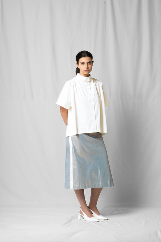 Knee-length midi Asil skirt shiny denim with Slits at the side from the SS26 collection by STEF SERIES