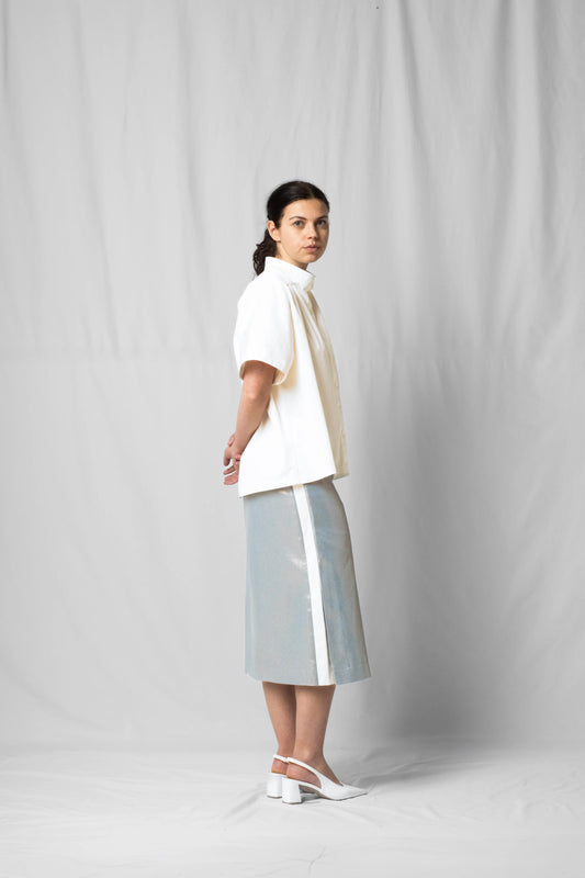 Knee-length midi Asil skirt shiny denim with Slits at the side from the SS26 collection by STEF SERIES