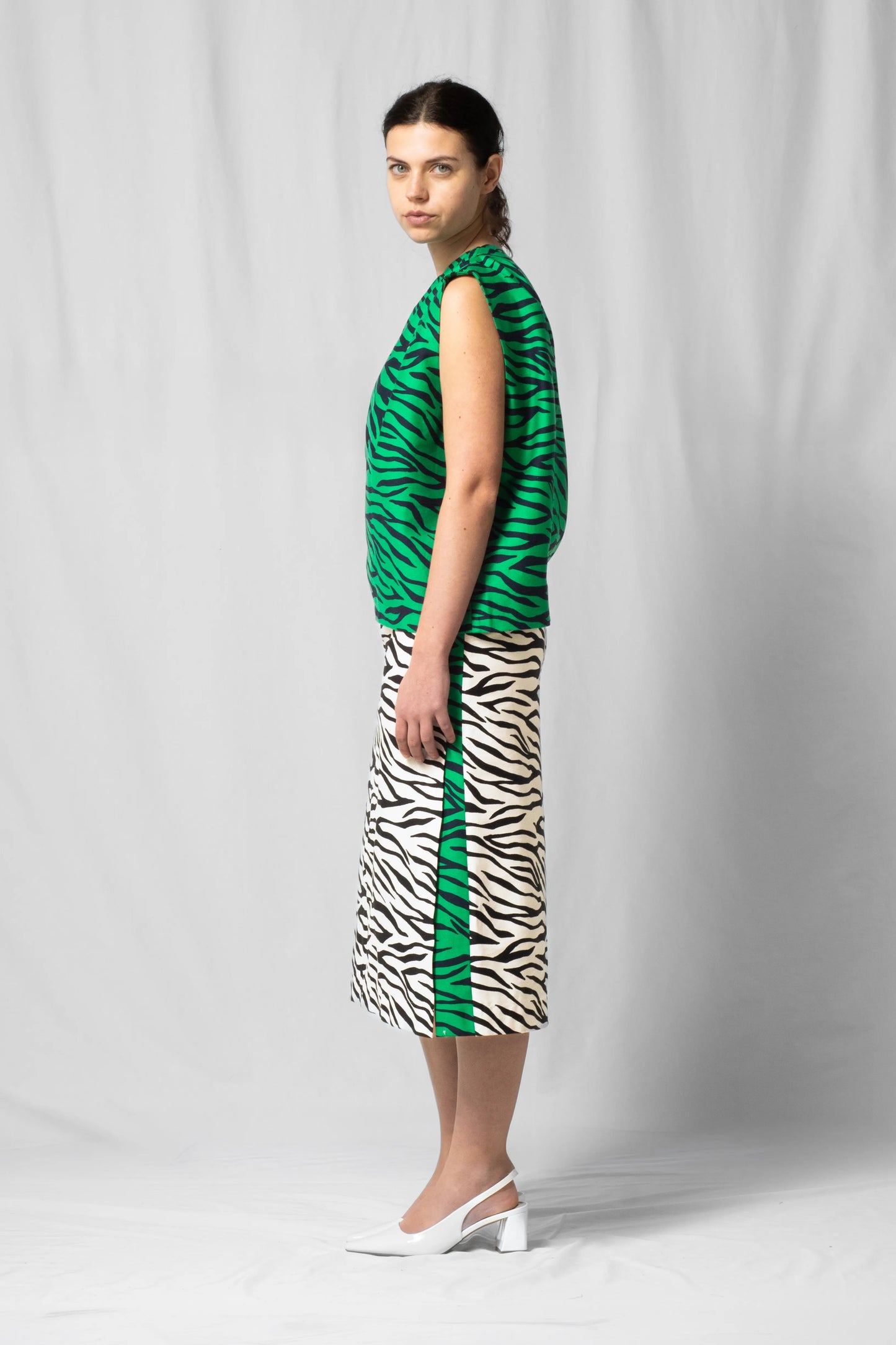 Knee-length midi Asil skirt white zebra with Slits at the side from the SS26 collection by STEF SERIES