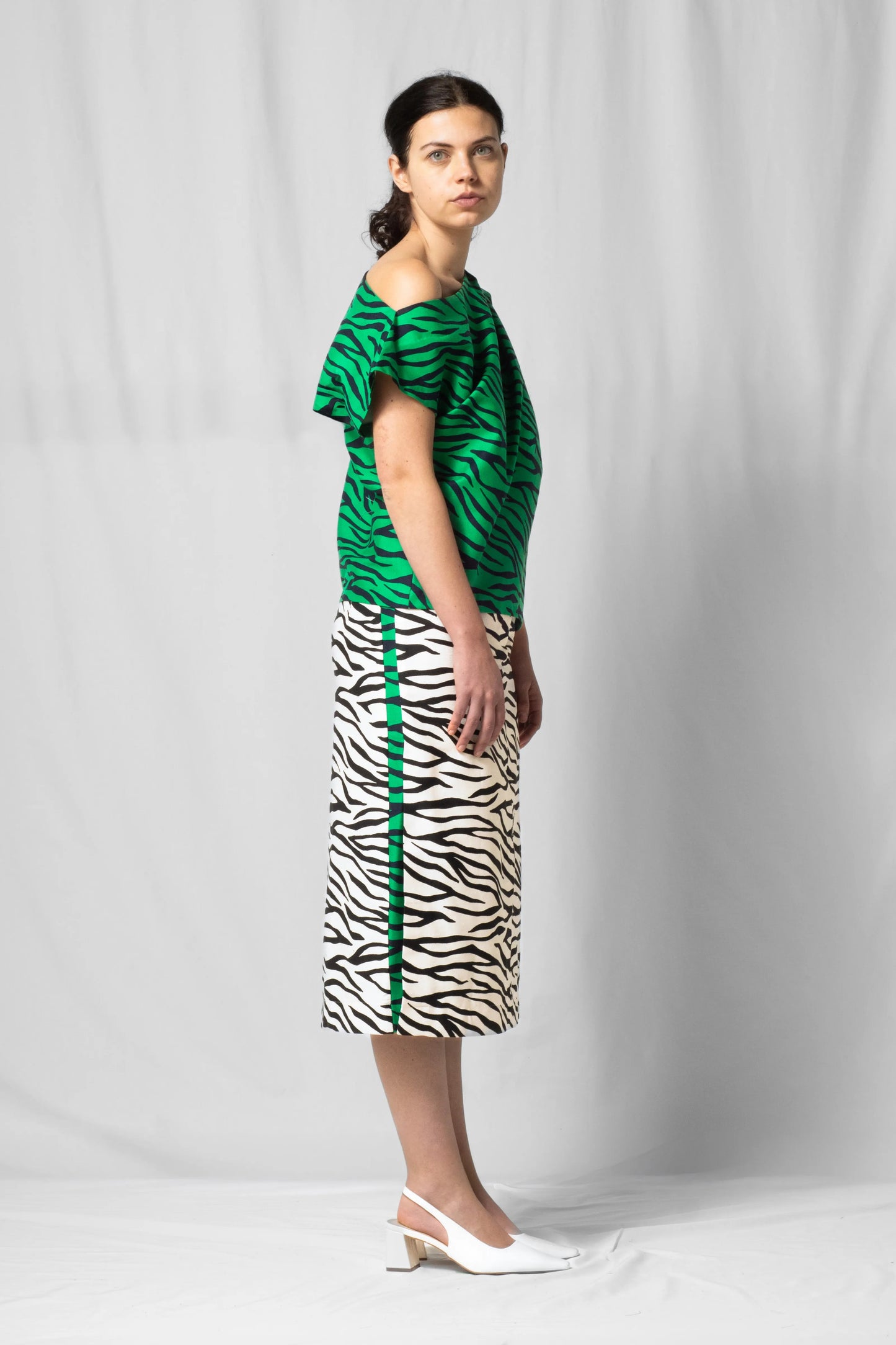 Knee-length midi Asil skirt white zebra with Slits at the side from the SS26 collection by STEF SERIES