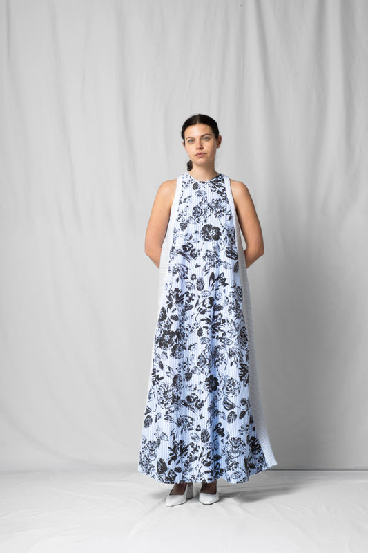 long, wide black flowers halter dress with a two-fabric detail and button fastening at the back from the SS26 collection by STEF SERIES