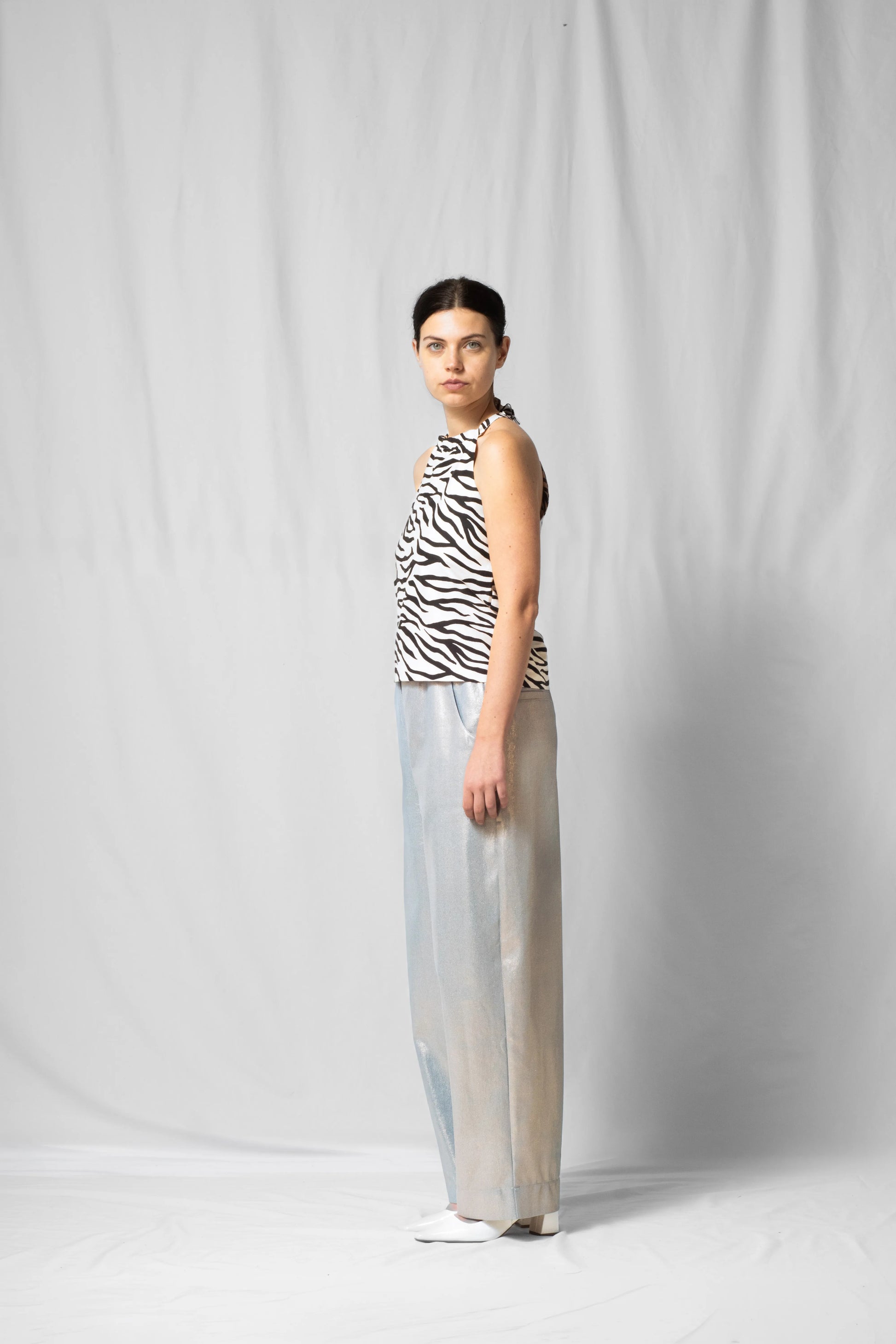 Shiny denim balloon shaped bash trousers with elastic from the SS26 collection by STEF SERIES