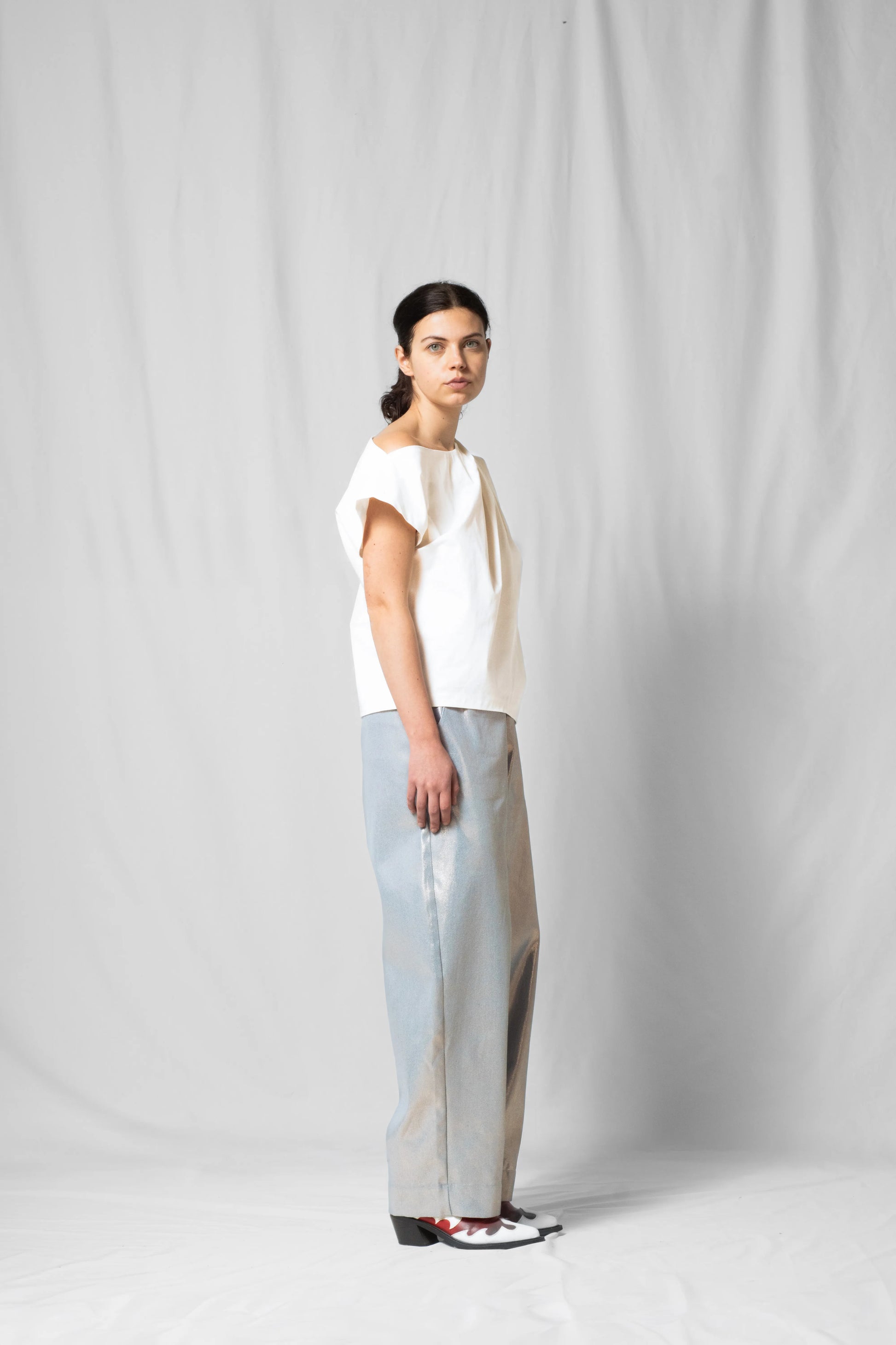 Shiny denim balloon shaped bash trousers with elastic from the SS26 collection by STEF SERIES