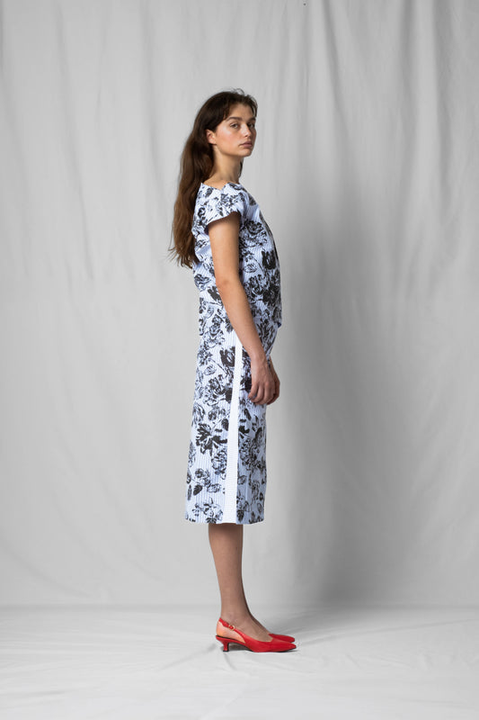 black flowers Asymmetric off-shoulder top bea with pleated detailing from the SS26 collection by STEF SERIES