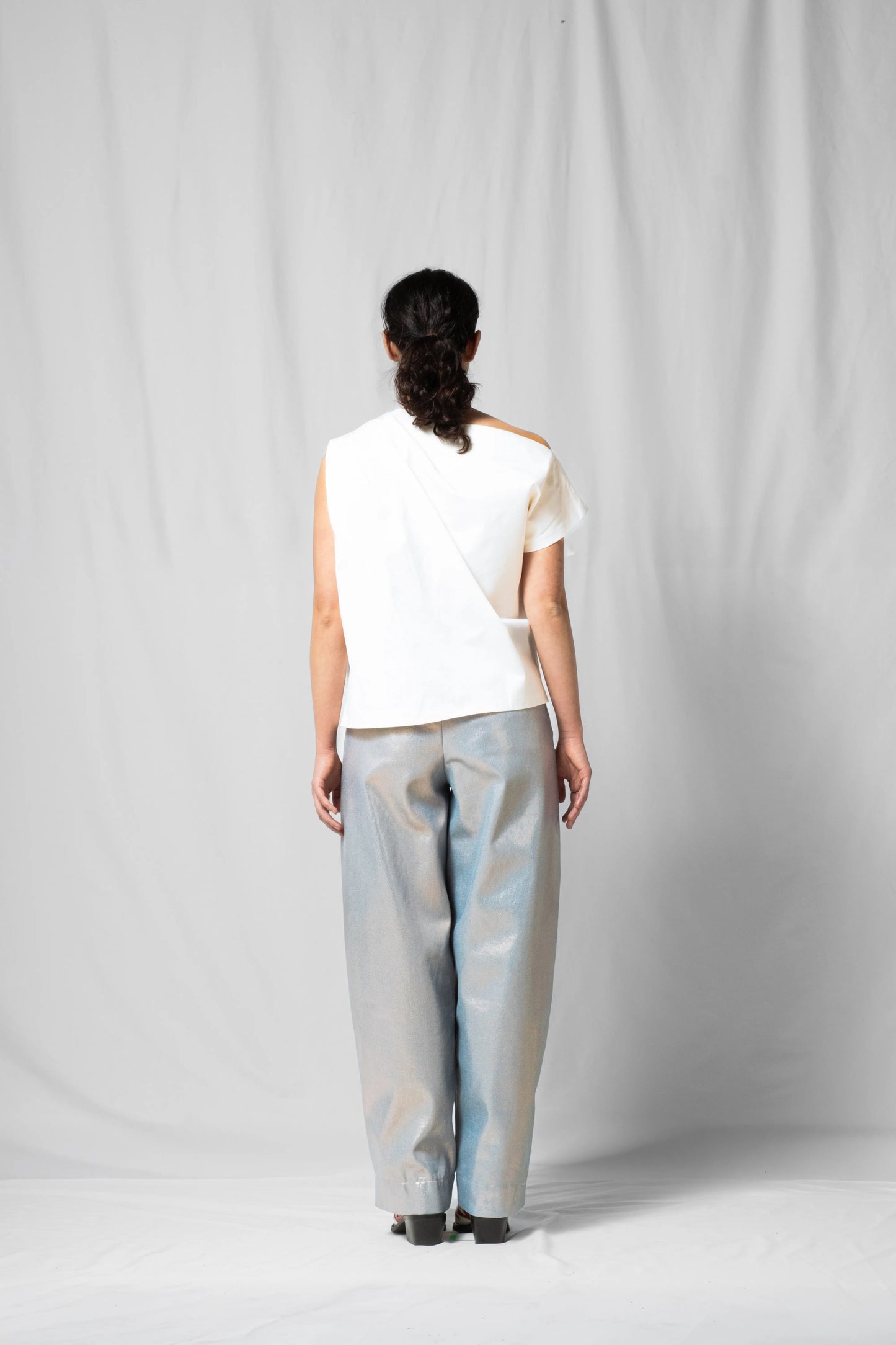 Ecru Asymmetric off-shoulder top bea with pleated detailing from the SS26 collection by STEF SERIES