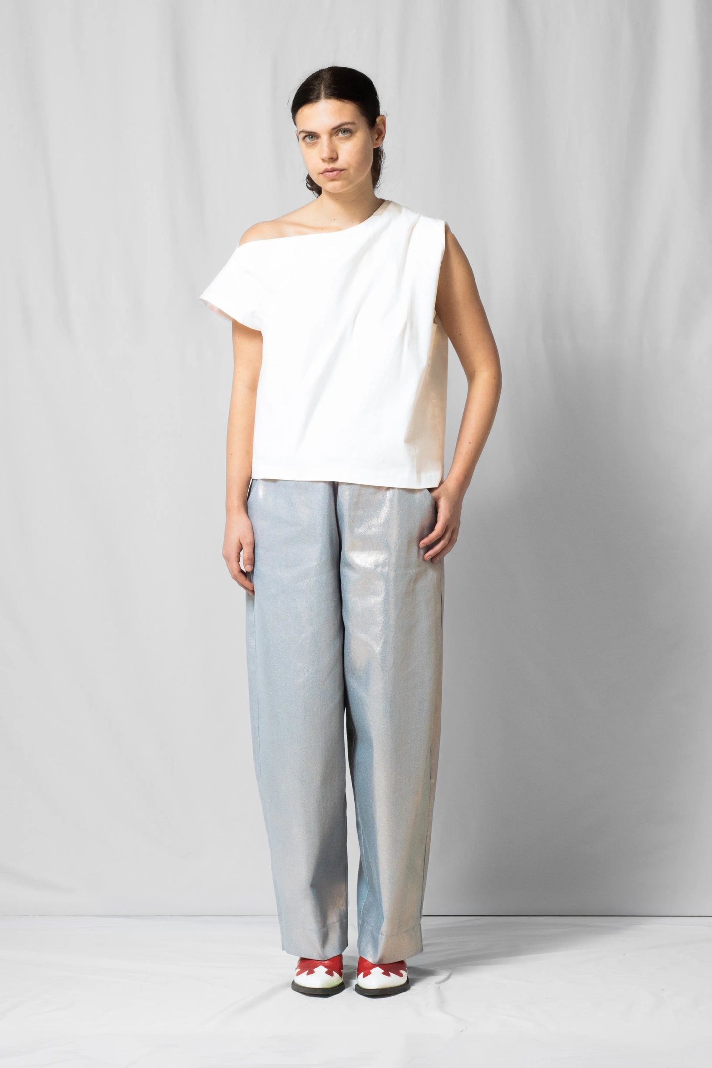 Ecru Asymmetric off-shoulder top bea with pleated detailing from the SS26 collection by STEF SERIES