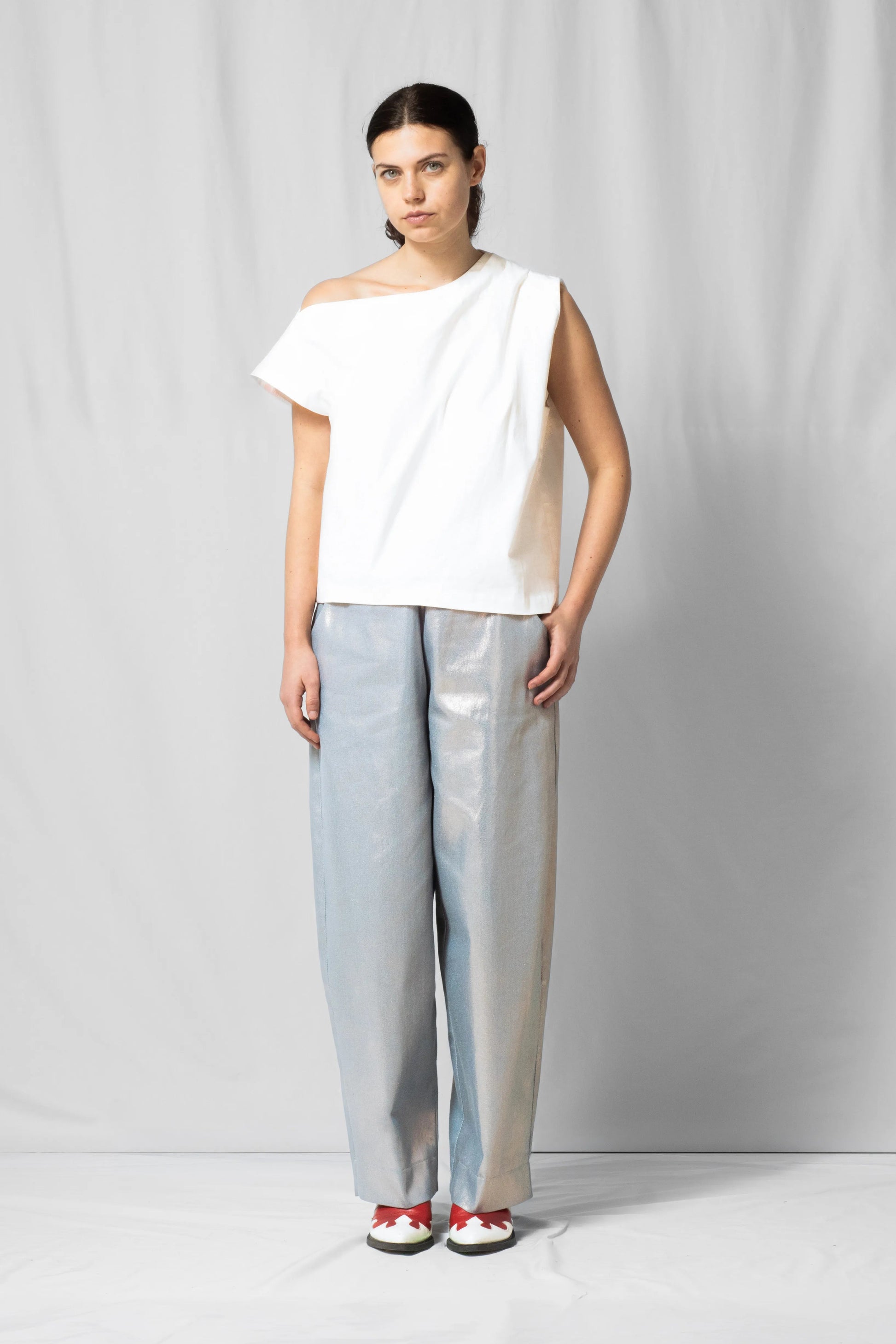 Ecru Asymmetric off-shoulder top bea with pleated detailing from the SS26 collection by STEF SERIES