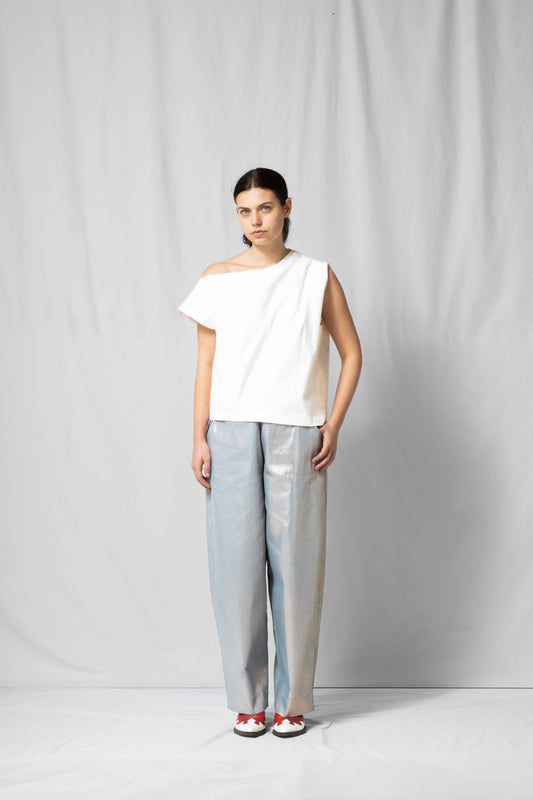 Ecru Asymmetric off-shoulder top bea with pleated detailing from the SS26 collection by STEF SERIES